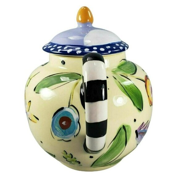 Droll Designs Teapot Tea‎ Pot With Lid Blue Flowers Floral Hand Painted - Picture 2 of 8